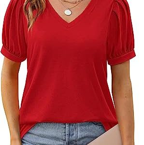 Womens Summer Tops Puff Short Sleeve V Neck T Shirts